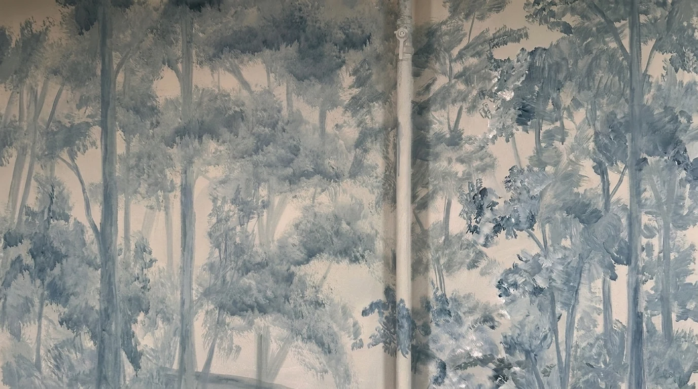 Hand-painted mural of a grove of trees in soft blue-grey over a pale wall; the painting continues across a vertical pipe so it disappears into the architecture