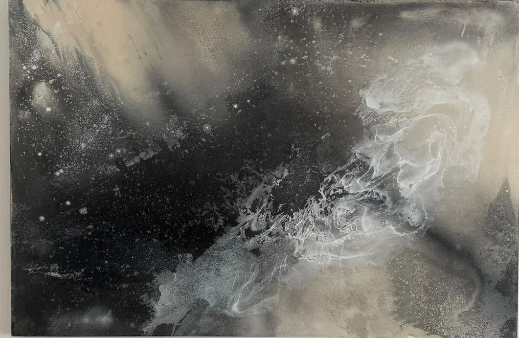 Abstract painting in black, ash grey and warm sand, with white mineral veining running through the centre